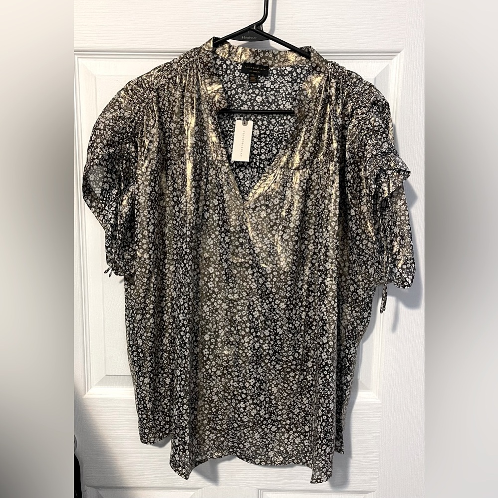 💐Anthropologie CURRENT AIR Shimmer Ditsy Floral Black Gold Short Sleeves Size XL